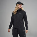 Black Montane Women's Khamsin Lite Hooded Softshell Jacket Model Front FKHLHBLA